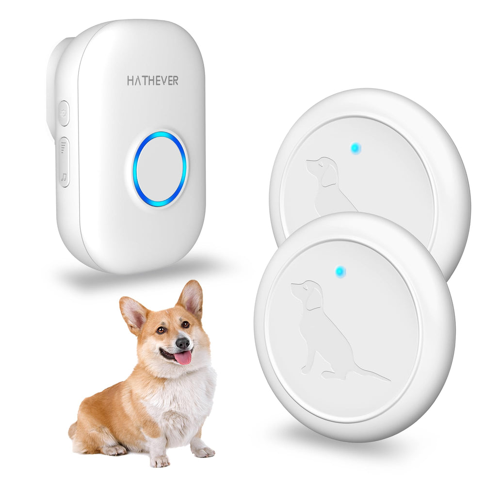 Hathever dog bell outdoor setup shows 1000ft wireless range for hands-free pet access