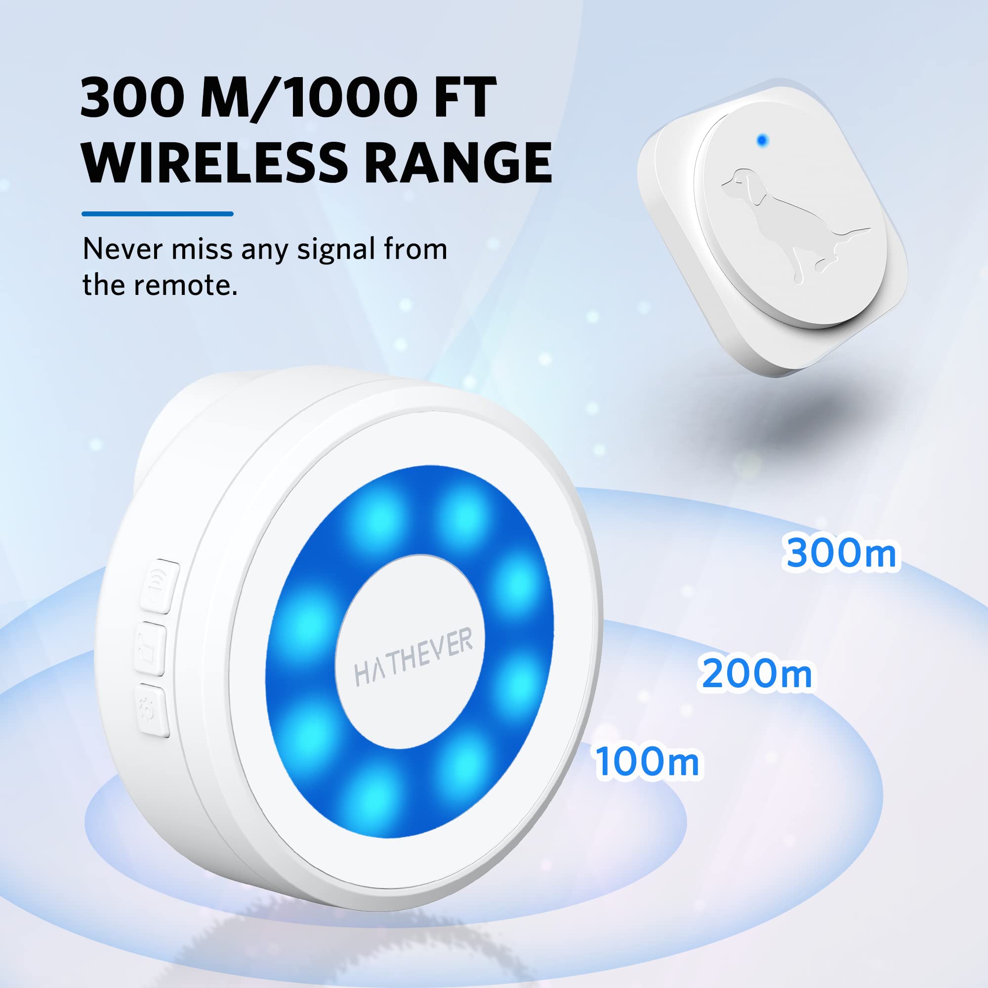 Hathever dog doorbell range-1000ft demonstrates long-range coverage for yard or large rooms.