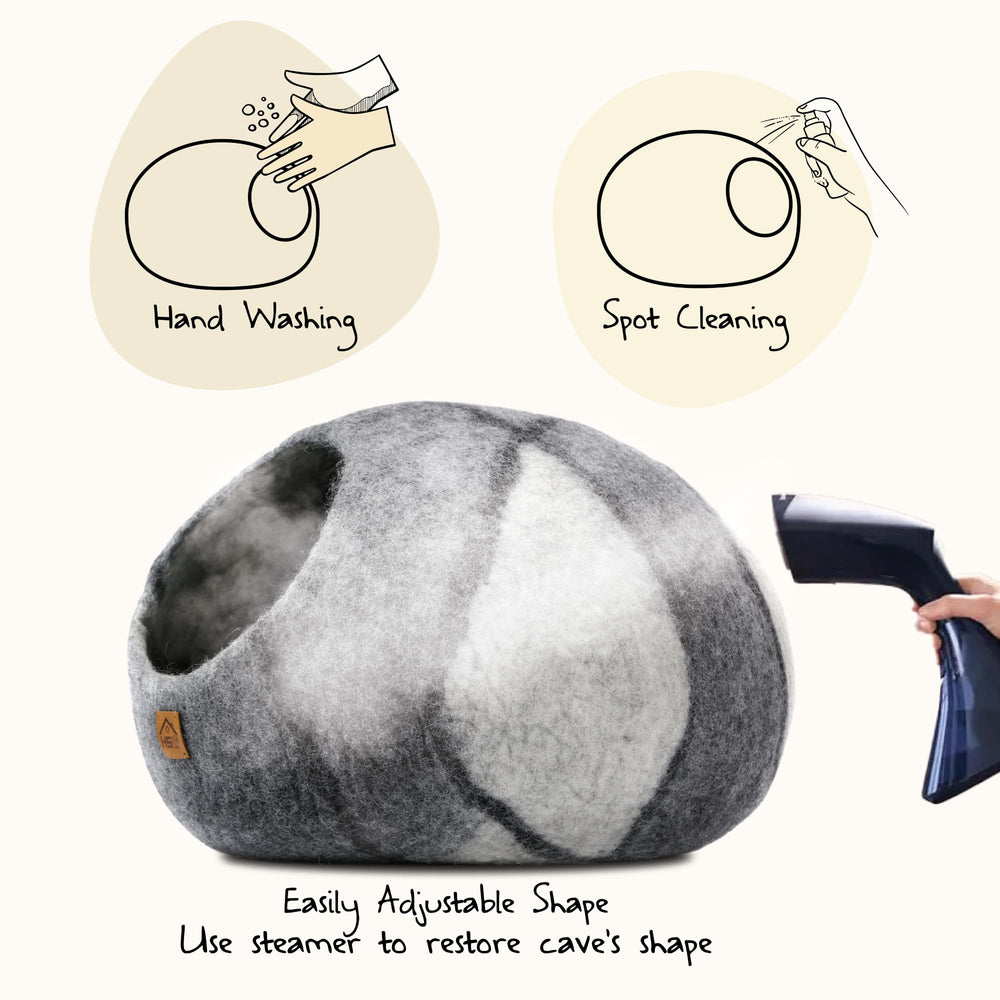 HAUSSIMPLE Large Wool Cat Cave gray-white, artisan Nepal craftsmanship highlights ethical making.