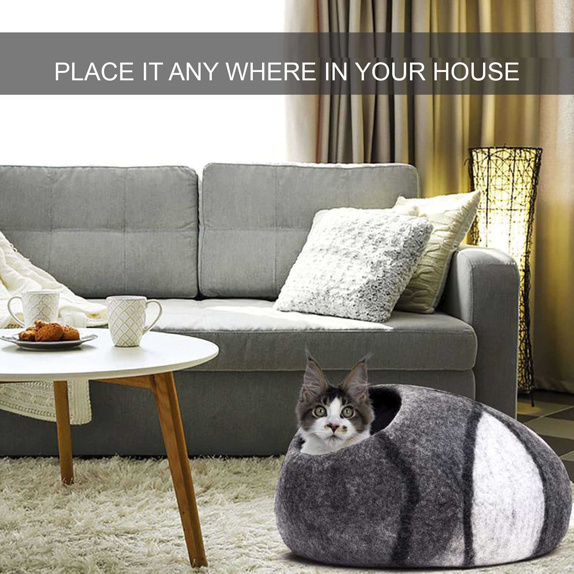 HAUSSIMPLE Large Wool Cat Cave gray-white, eco-friendly hideaway blends with home decor.