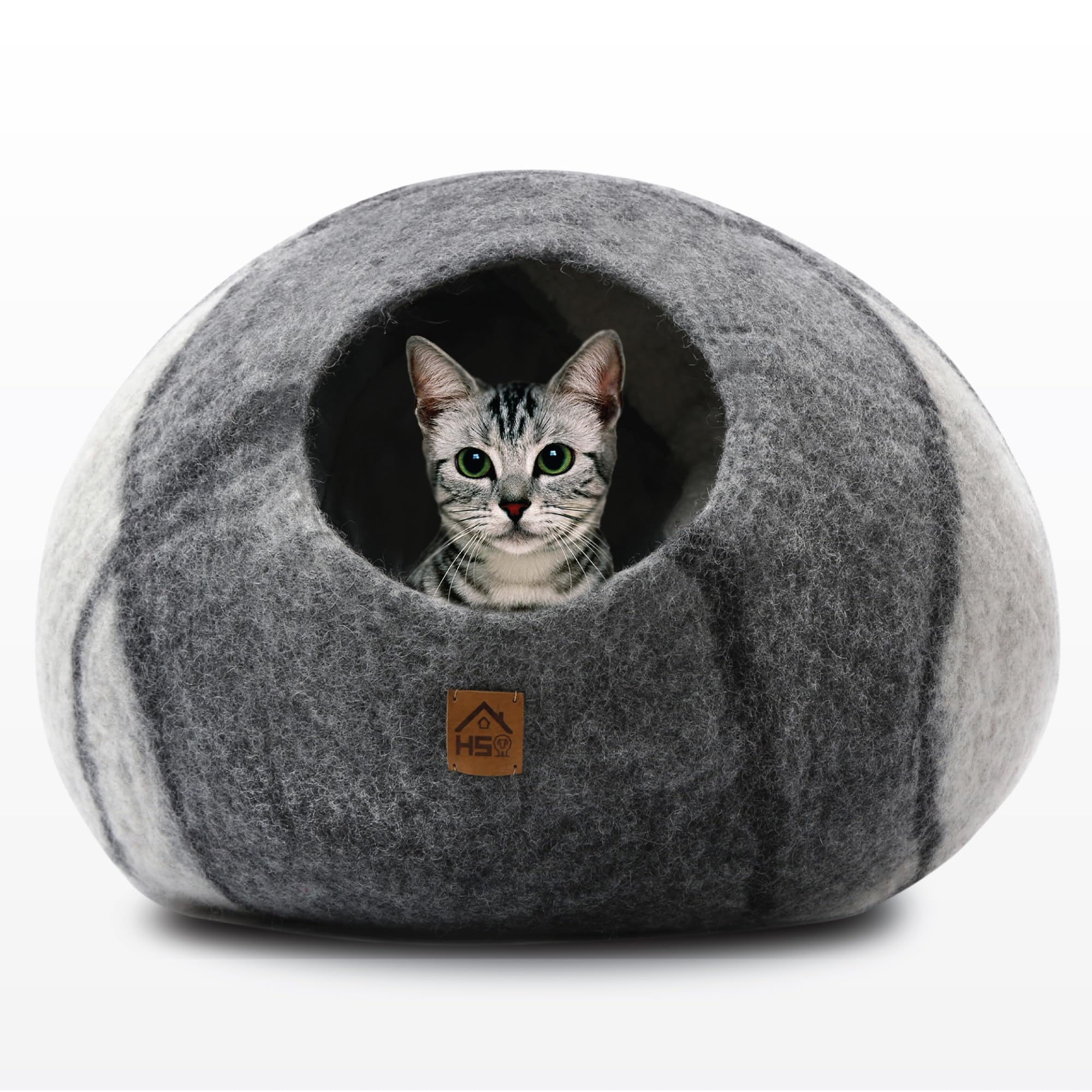 HAUSSIMPLE Large Wool Cat Cave gray-white, front view, cozy hideaway for cats.