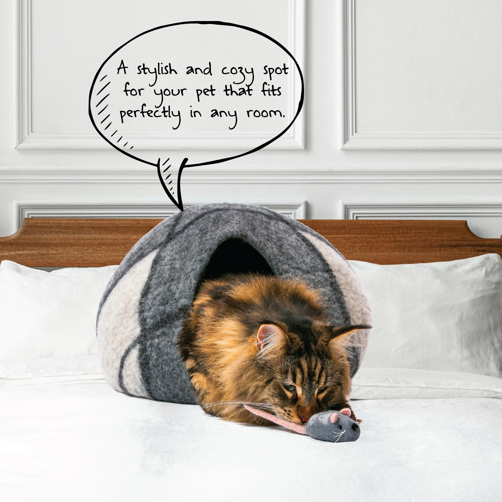 HAUSSIMPLE Large Wool Cat Cave gray-white, living room setup demonstrates stylish design and natural decor.