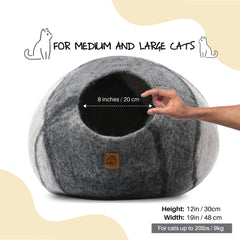 HAUSSIMPLE Large Wool Cat Cave gray-white, side view, temperature-regulating shelter for year-round comfort.