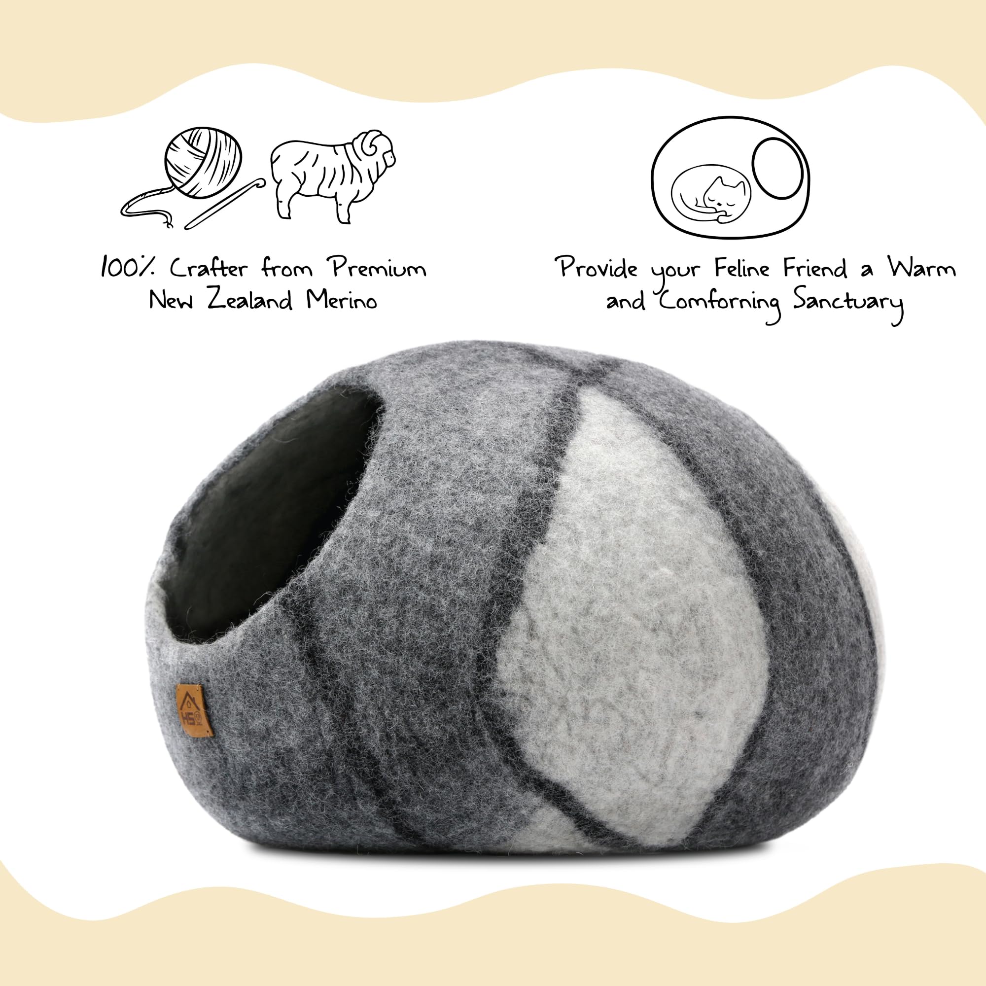 HAUSSIMPLE Large Wool Cat Cave gray-white, top-down view, secure sanctuary for curious feline watchers.