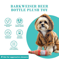 Haute Diggity Dog Barkweiser Beer Bottle in a playful scene promotes interactive fetch and social fun.