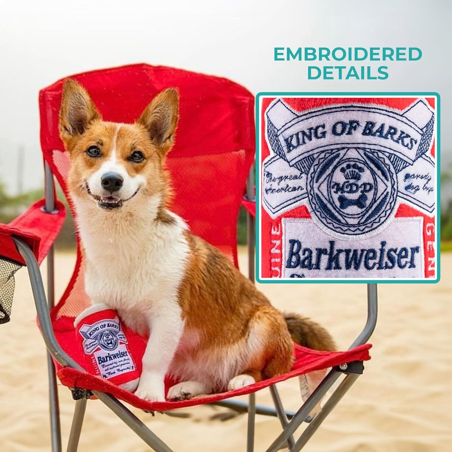 Haute Diggity Dog Barkweiser Beer Can embroidery detail adds whimsy to design