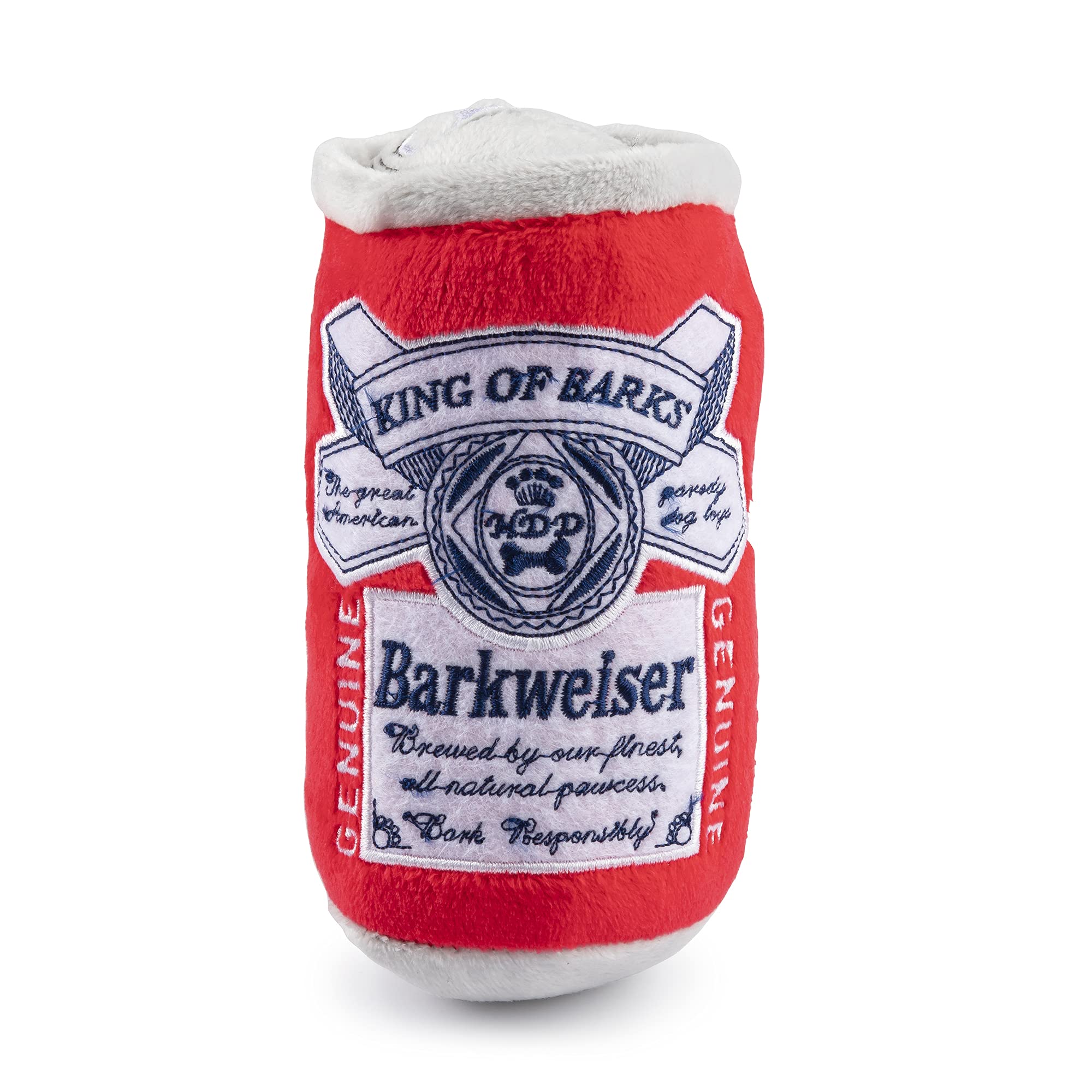 Haute Diggity Dog Barkweiser Beer Can toy front view for playful fetch sessions