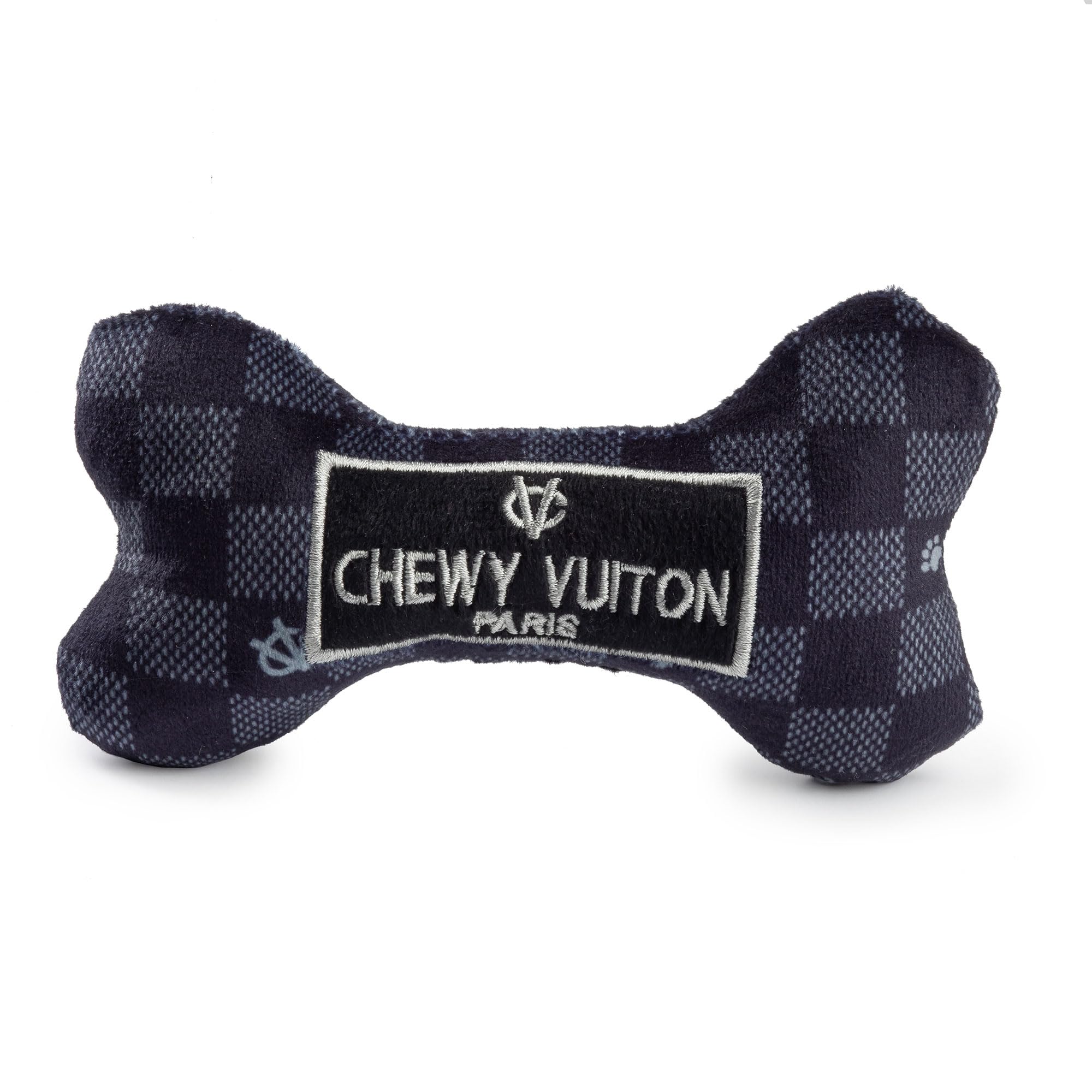 Haute Diggity Dog Black Checker Chewy Vuiton bone front view for playful fetch