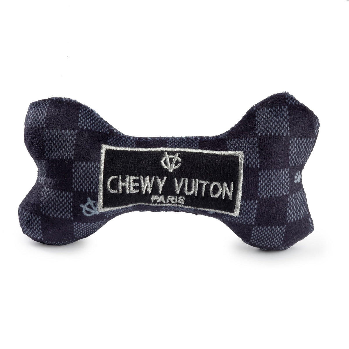 Haute Diggity Dog Black Checker Chewy Vuiton bone front view for playful fetch