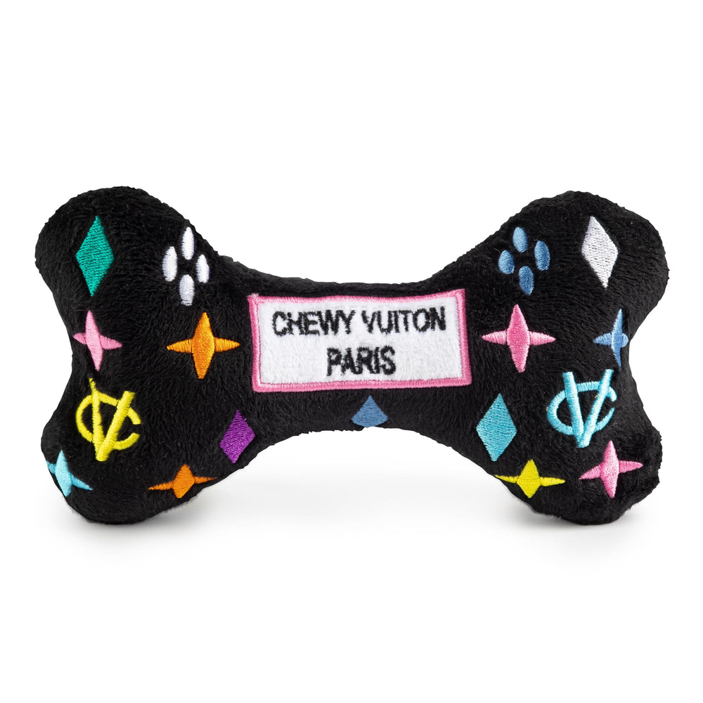 Haute Diggity Dog Black Monogram Chewy Vuiton Bone front view for stylish fetch and play