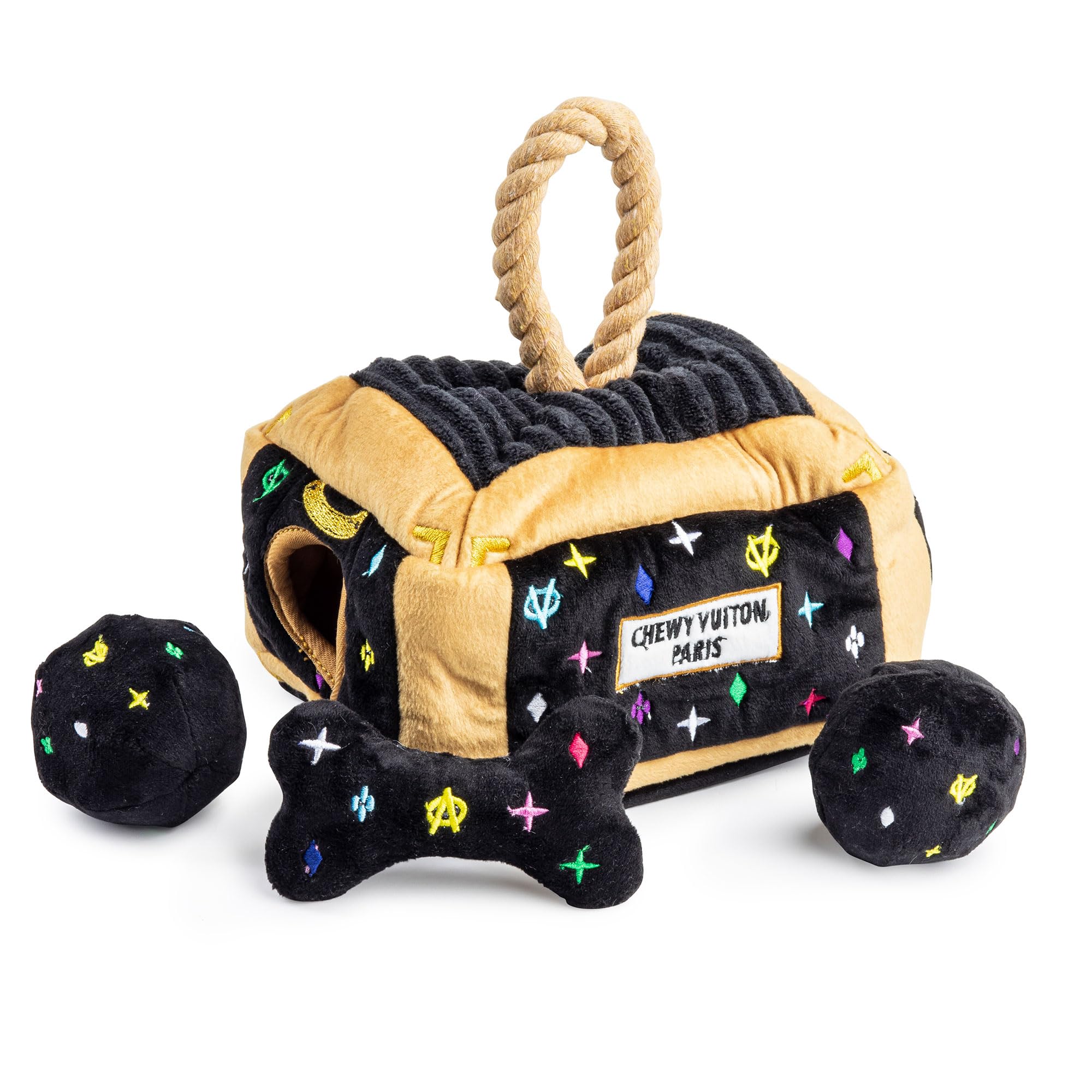 Haute Diggity Dog black monogram Chewy Vuiton trunk for stylish enrichment at home