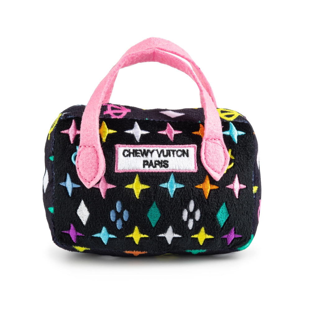 Juguete bolso Haute Diggity Dog Chewy Vuiton negro, para juego.