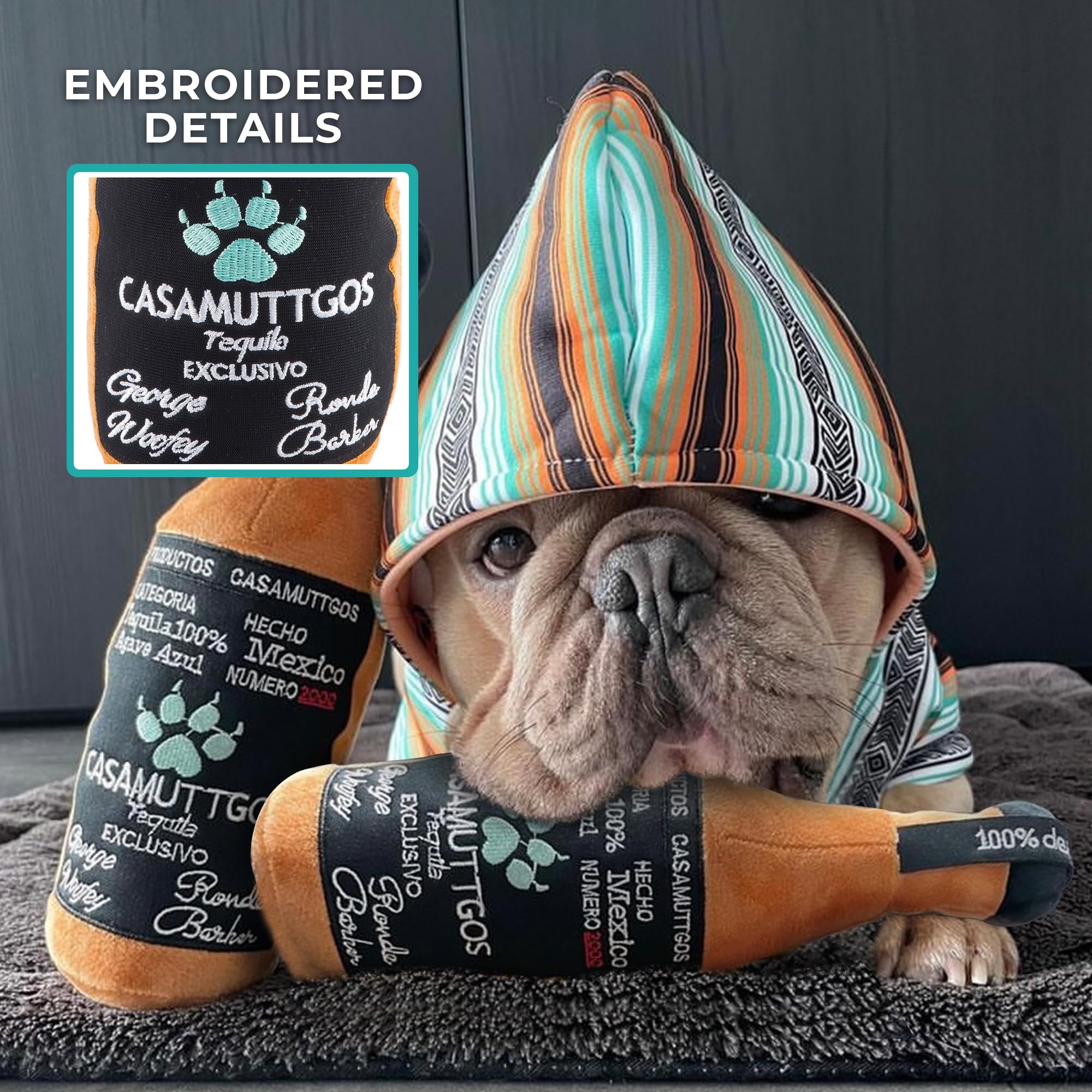 Haute Diggity Casamuttgos Tequila embroidered details add stylish charm to a durable plush toy.
