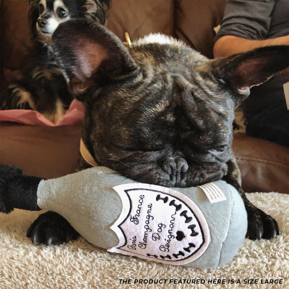 Haute Diggity Dog Champagne Perignonn bottle-inspired design adds whimsy to dog toy shelves.