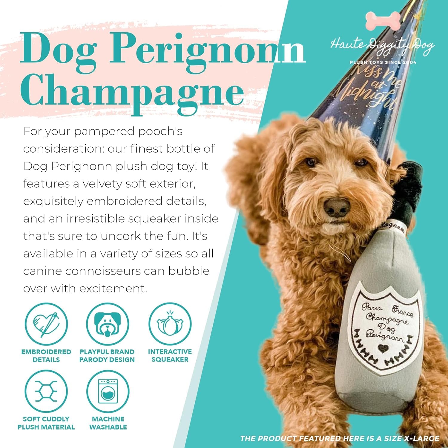 Haute Diggity Dog Champagne Perignonn display with designer parody toys for gifting.