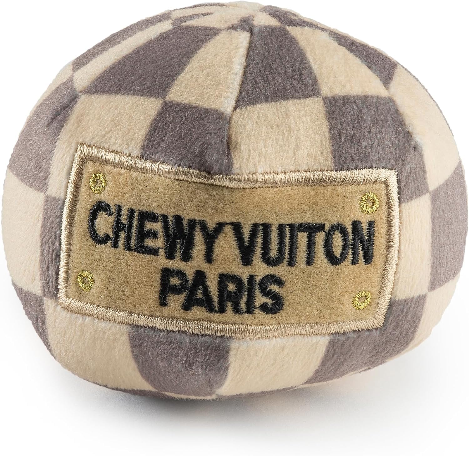 Haute Diggity Dog Checker Chewy Vuiton Ball closeup—plush texture ideal for gentle chews and play.