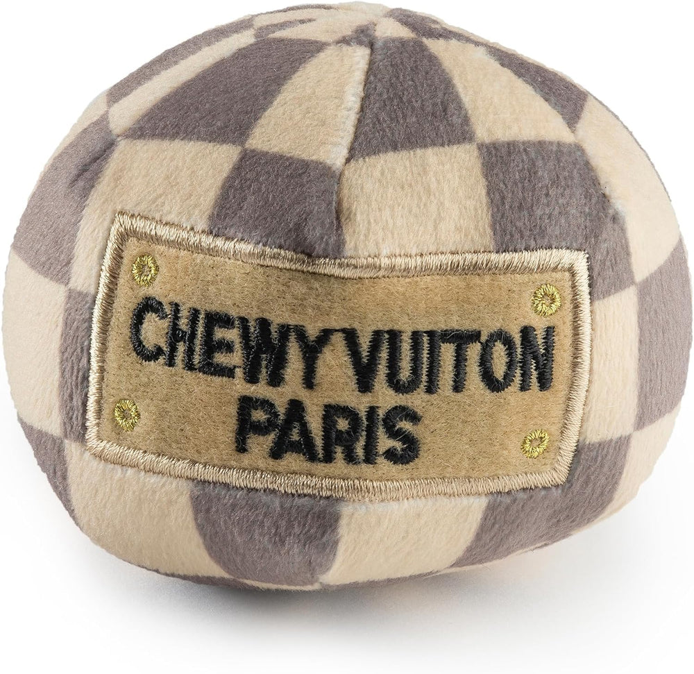 Haute Diggity Dog Checker Chewy Vuiton Ball closeup—plush texture ideal for gentle chews and play.