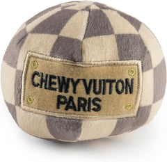 Haute Diggity Dog Checker Chewy Vuiton Ball closeup—plush texture ideal for gentle chews and play.