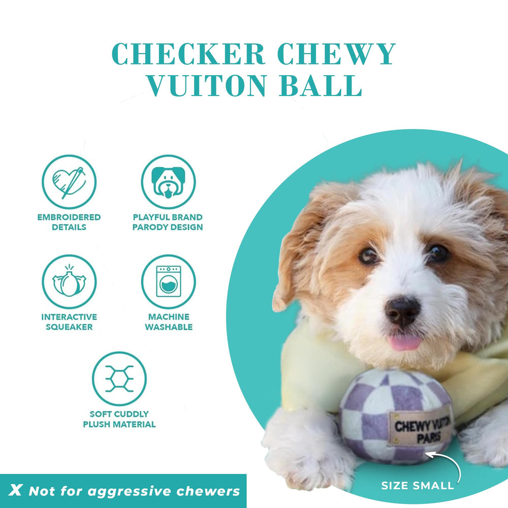 Haute Diggity Dog Checker Chewy Vuiton Ball embroidery-detail highlights stylish stitching.