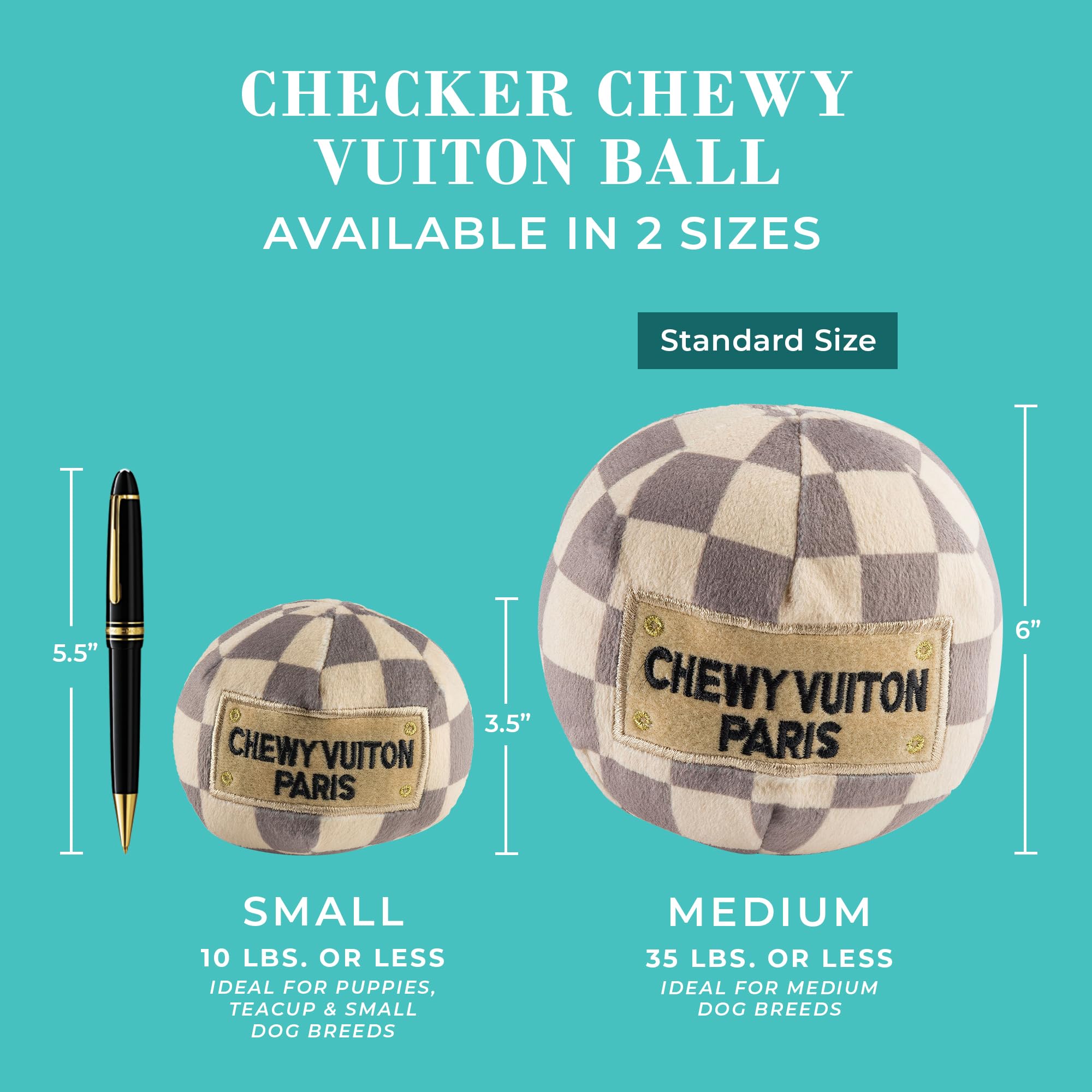 Haute Diggity Dog Checker Chewy Vuiton Ball pattern-showcase displays taupe and cream colors.