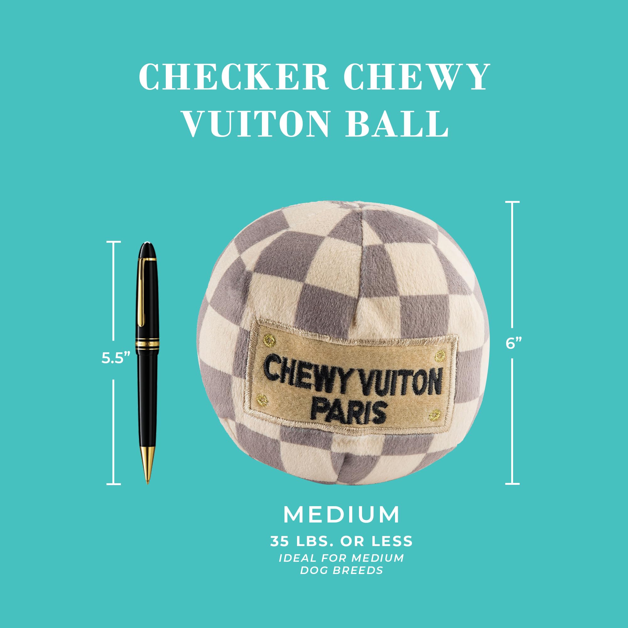 Haute Diggity Dog Checker Chewy Vuiton ball plush toy great for fetch and chasing.