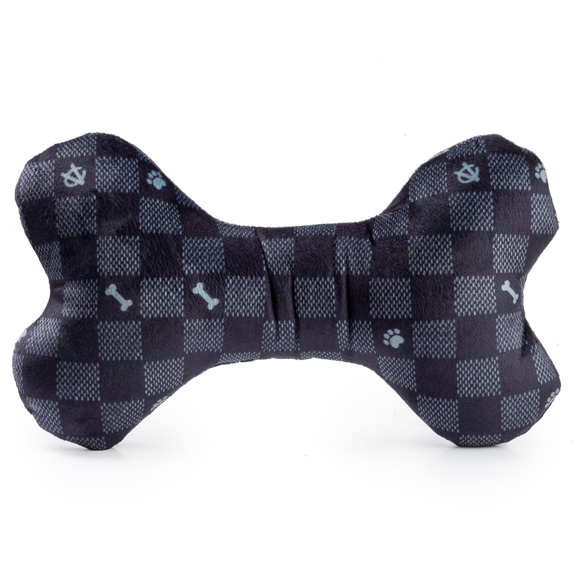 Haute Diggity Dog Checker Chewy Vuiton Bone dog playing with plush fashion toy.
