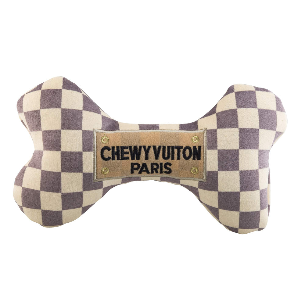 Haute Diggity Dog Checker Chewy Vuiton Bone front view with interactive squeaker for play.