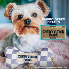 Haute Diggity Dog Checker Chewy Vuiton Bone plush detail shows stylish embroidery.