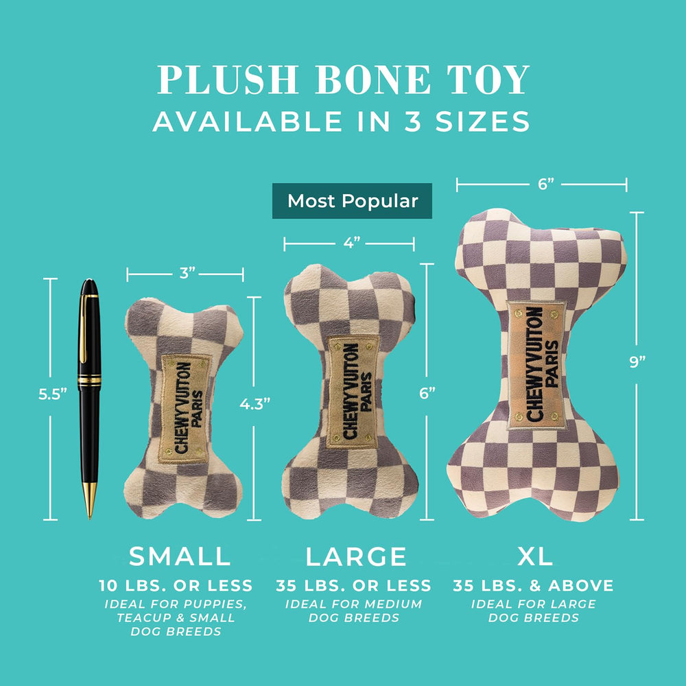 Haute Diggity Dog Checker Chewy Vuiton Bone side view highlights plush texture for cuddly fun.