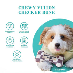 Haute Diggity Dog Checker Chewy Vuiton Bone squeaker closeup demonstrates engaging sound.