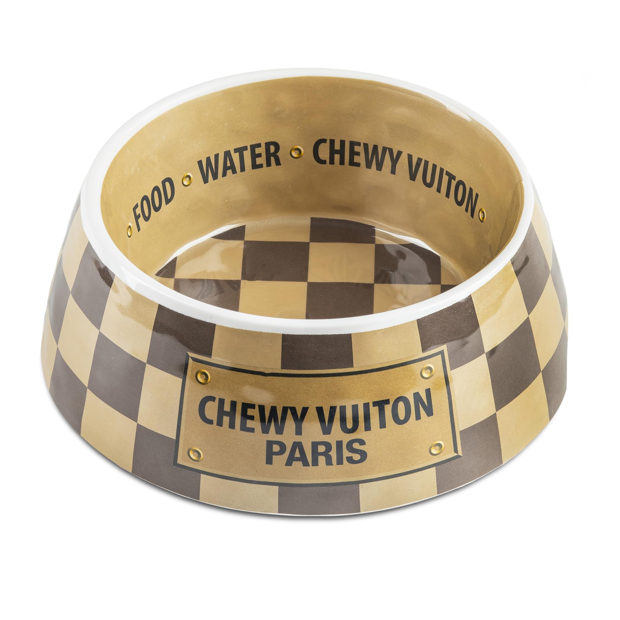 Haute Diggity Dog Checker Chewy Vuiton bowl side view shows 23 oz capacity.