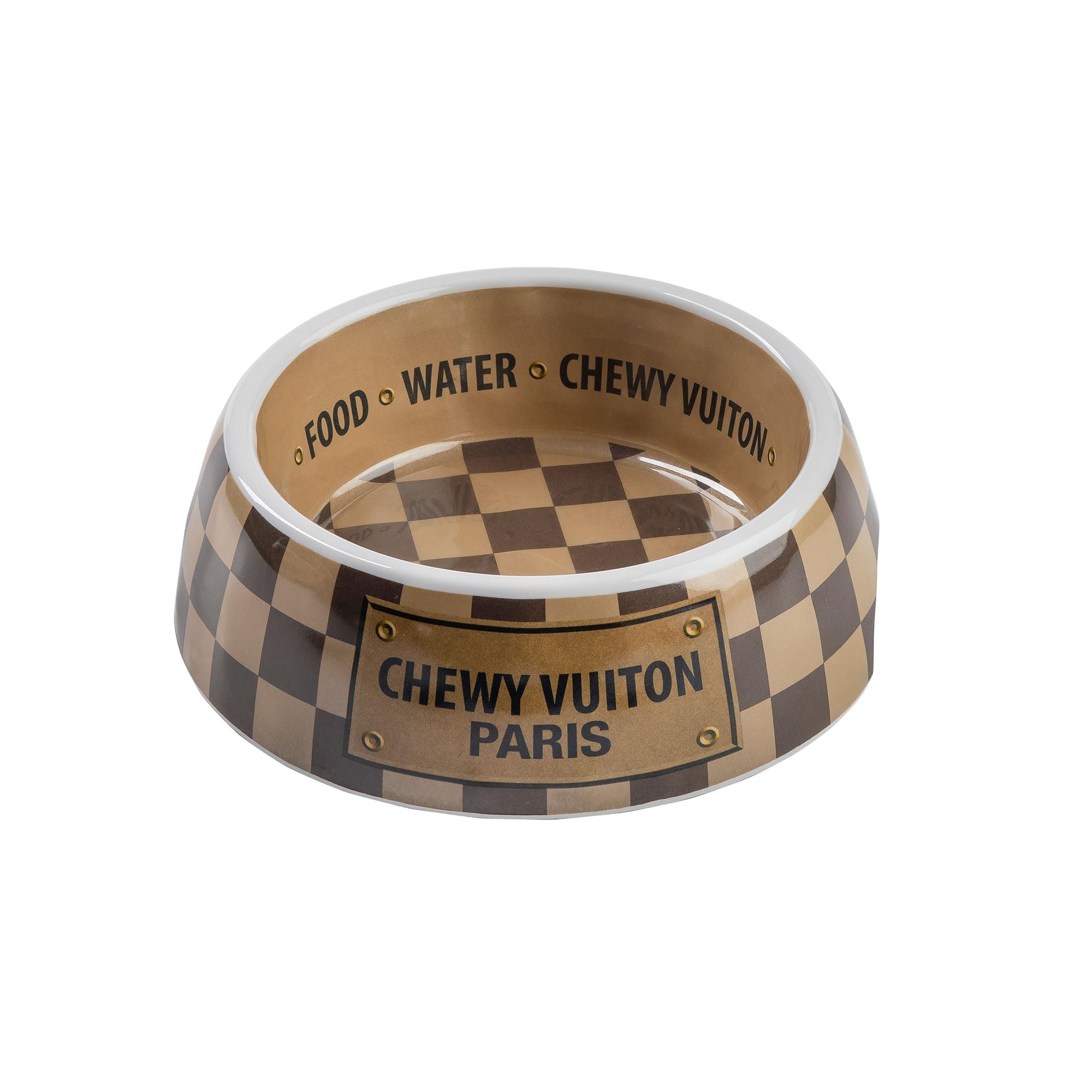 Haute Diggity Dog Checker Chewy Vuiton small-front view highlights compact bowls for small pets