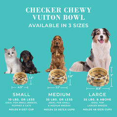 Haute Diggity Dog Checker Chewy Vuiton bowls close-up: chic parody design with durable finish.