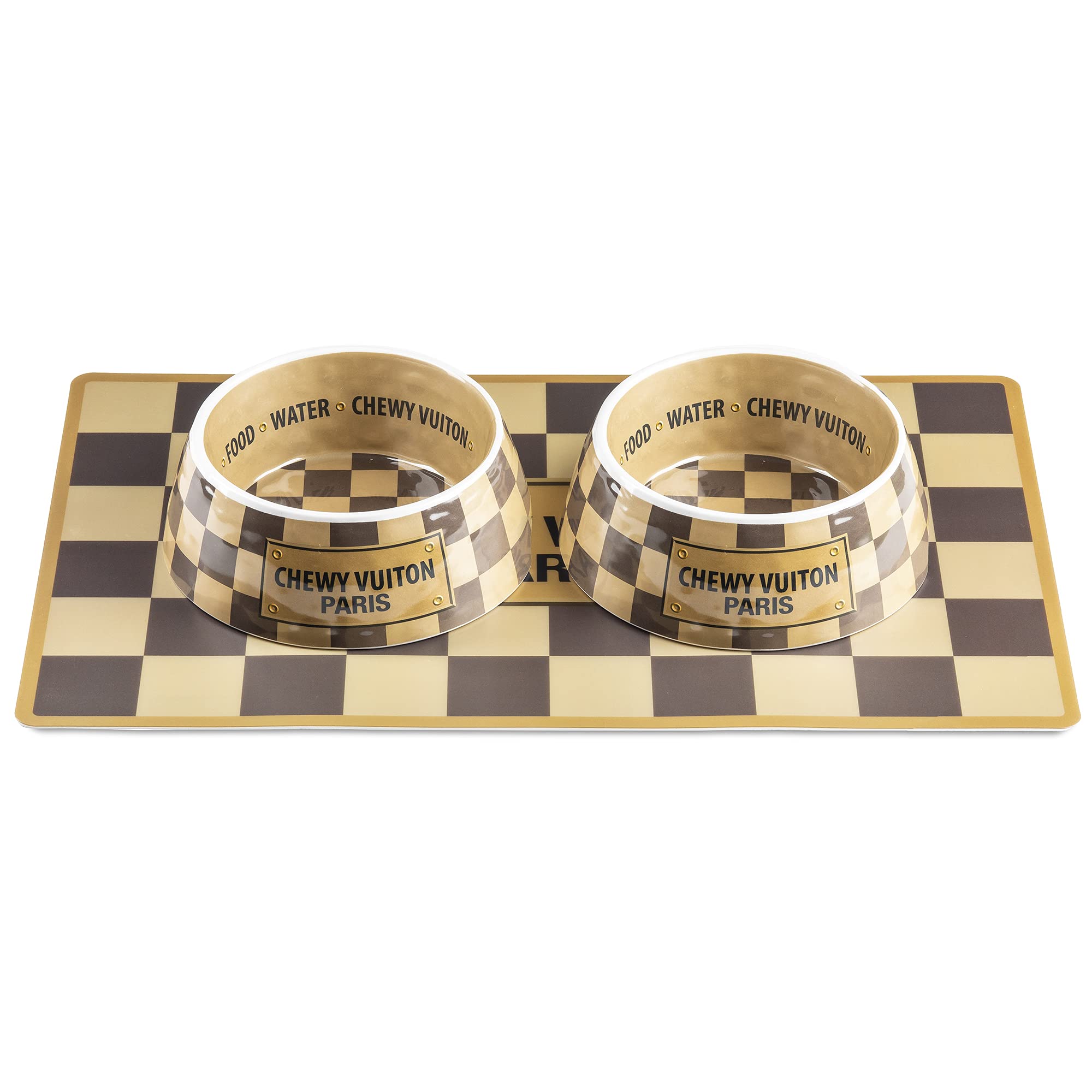 Haute Diggity Dog Checker Chewy Vuiton bowls: stylish, easy-to-clean dining for pampered pups at home.