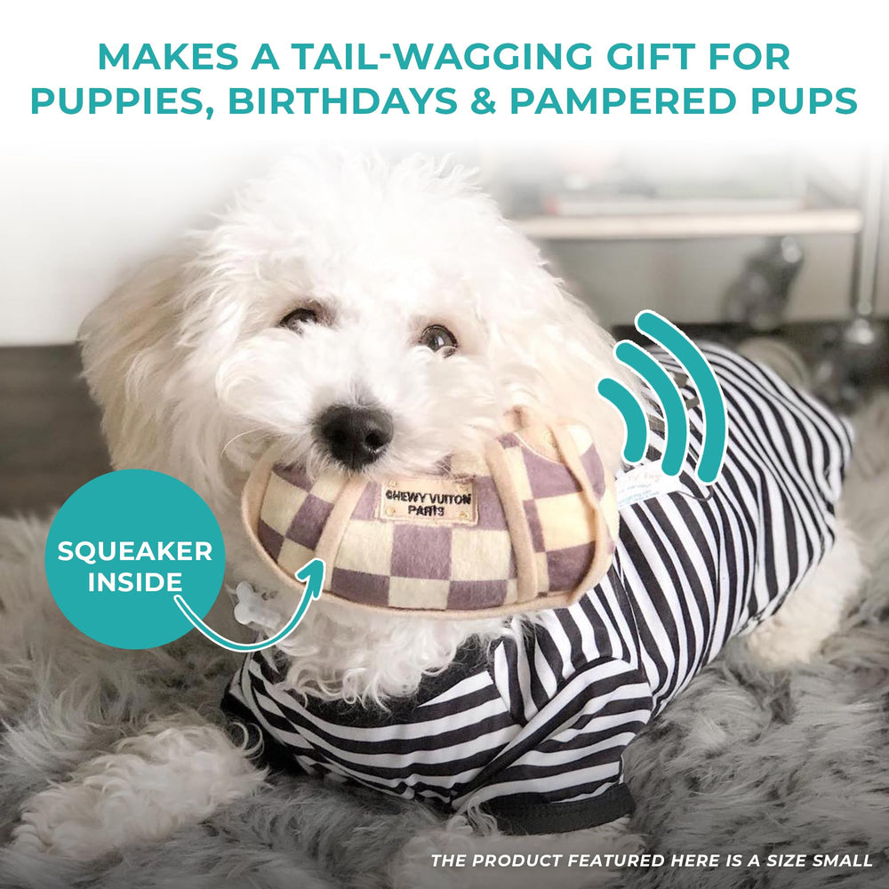 Haute Diggity Dog Checker Chewy Vuiton Handbag on display shows compact size for small breeds