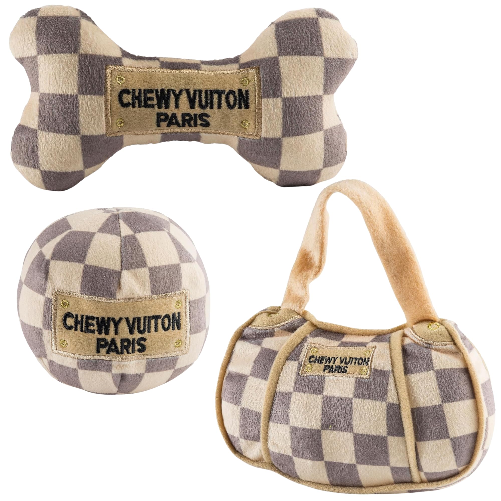 Haute Diggity Dog Checker Chewy Vuiton handbag plush toy for stylish fetch and cuddle.