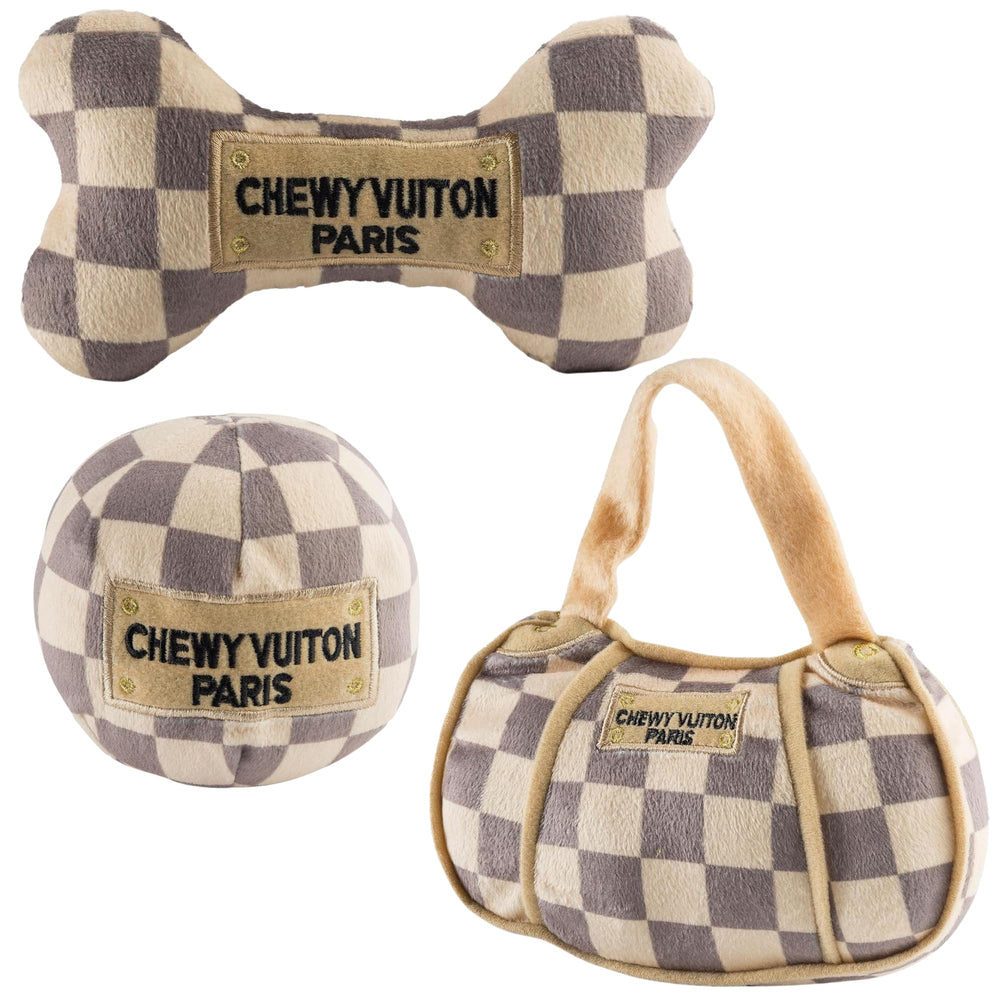 Haute Diggity Dog Checker Chewy Vuiton handbag plush toy for stylish fetch and cuddle.