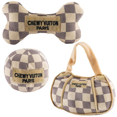 Haute Diggity Dog Checker Chewy Vuiton handbag plush toy for stylish fetch and cuddle.