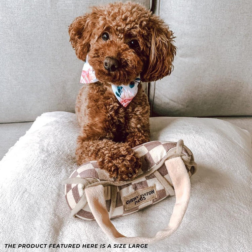 Haute Diggity Dog Checker Chewy Vuiton Handbag playtime toy for fetch and tug-o-war