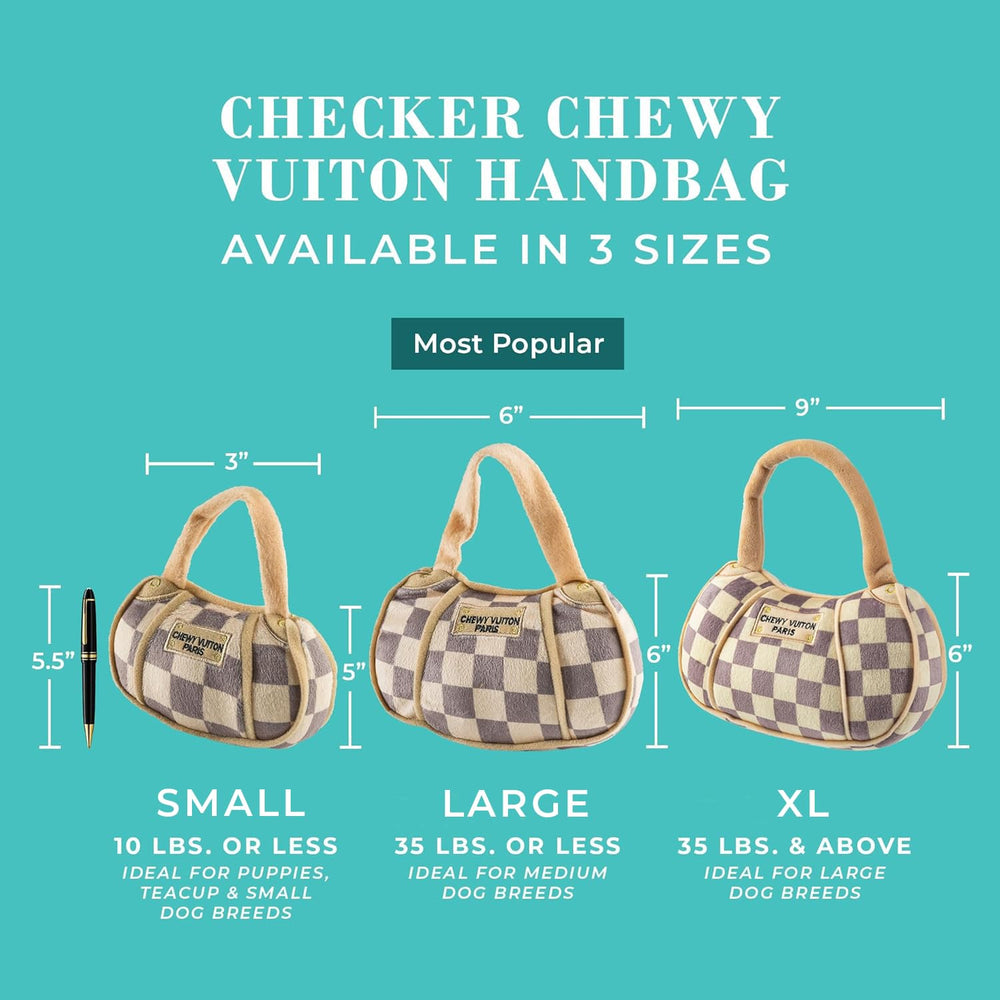 Haute Diggity Dog Checker Chewy Vuiton Handbag with squeaker inside promotes engaging play
