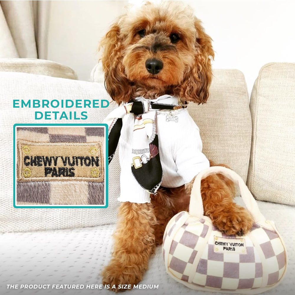 Haute Diggity Dog Checker Chewy Vuiton machine-washable plush for quick cleanups after adventures.