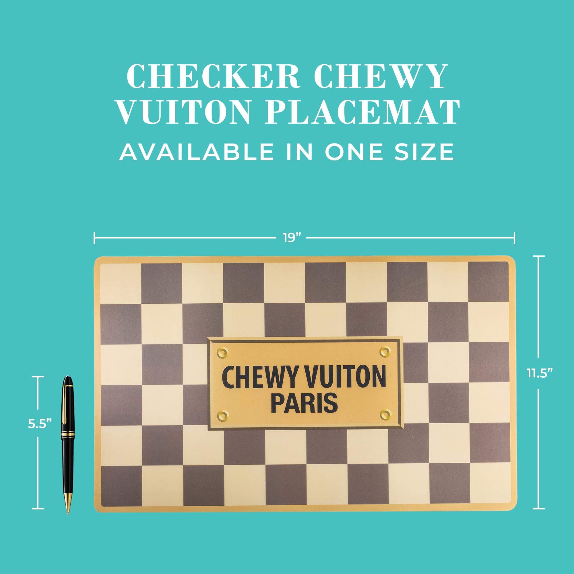 Haute Diggity Dog Checker Chewy Vuiton placemat: wipe-clean surface for quick mealtime resets.