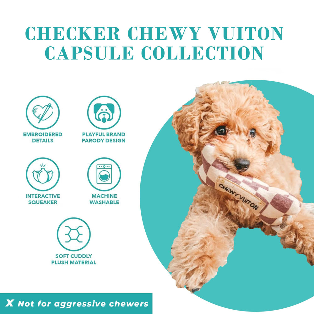 Haute Diggity Dog Checker Chewy Vuiton plush material offers soft, durable comfort for extended play.