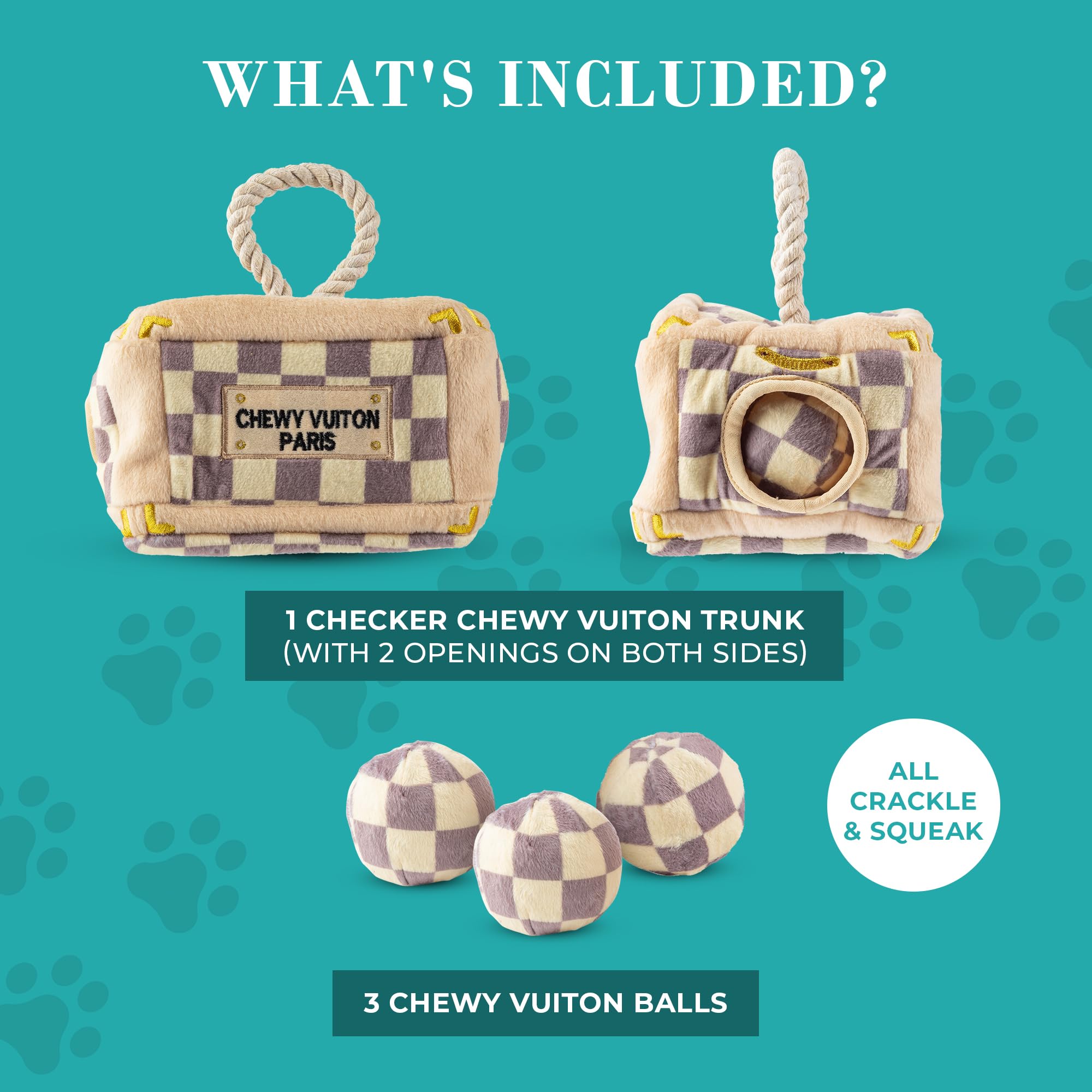 One-size Haute Diggity Dog checker trunk suits all breeds for playful enrichment.