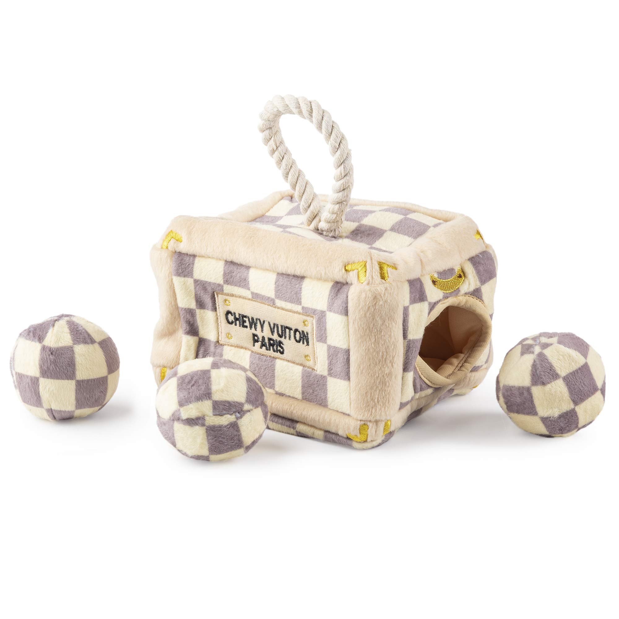 Haute Diggity Dog Checker Chewy Vuiton trunk toy—a stylish plush puzzle for interactive play.