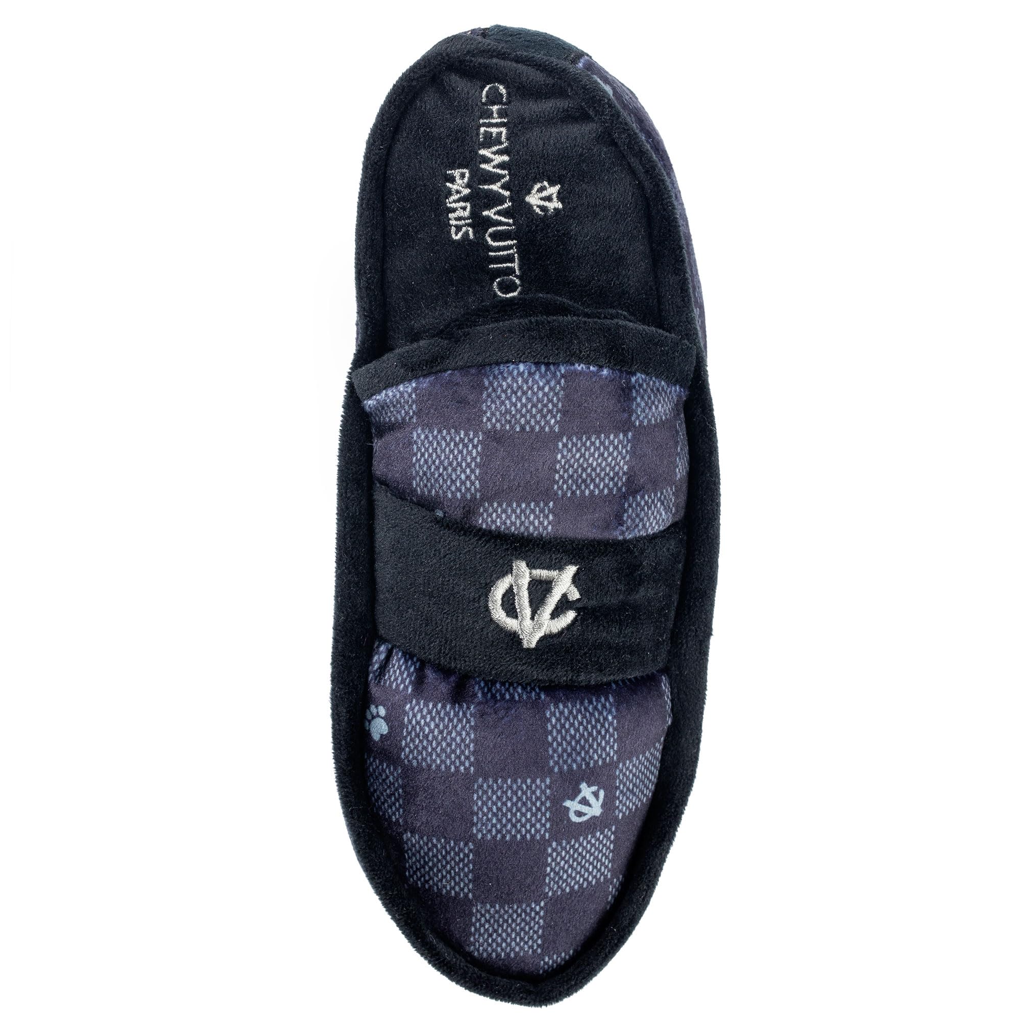 Haute Diggity Dog checker-pattern toy close-up, embroidered details enhance visual appeal during tug and cuddle.