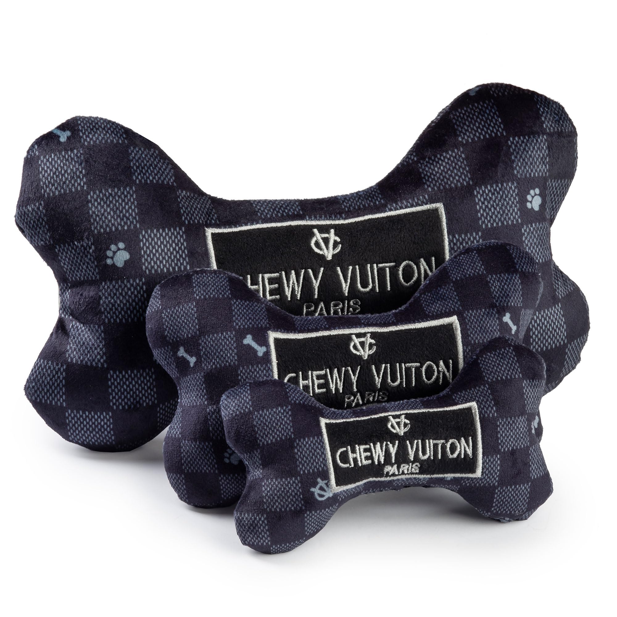 Haute Diggity Dog Chewy Vuiton Bone bold checker design enhances toy collection.