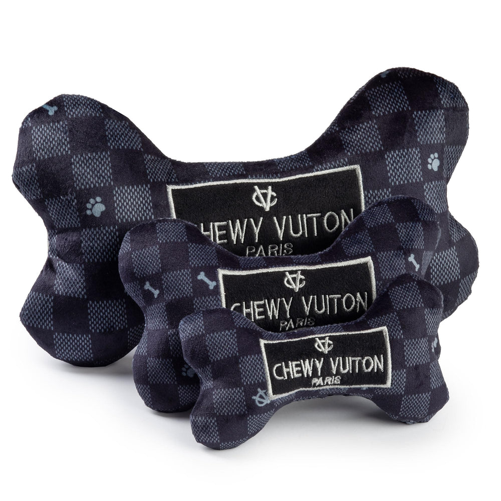 Haute Diggity Dog Chewy Vuiton Bone bold checker design enhances toy collection.