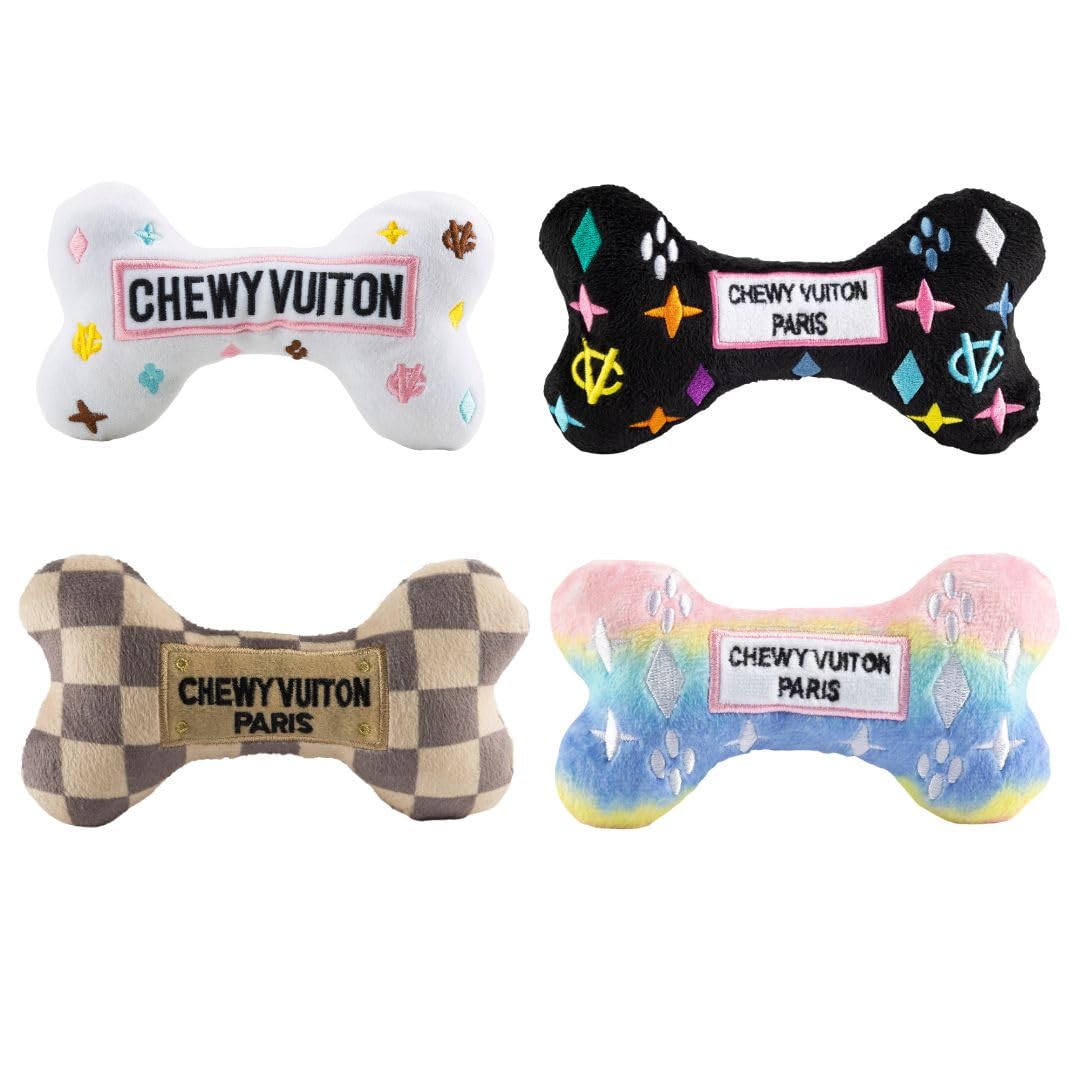 Haute Diggity Dog Chewy Vuiton bones in taupe-cream checker for stylish fetch and cuddle play