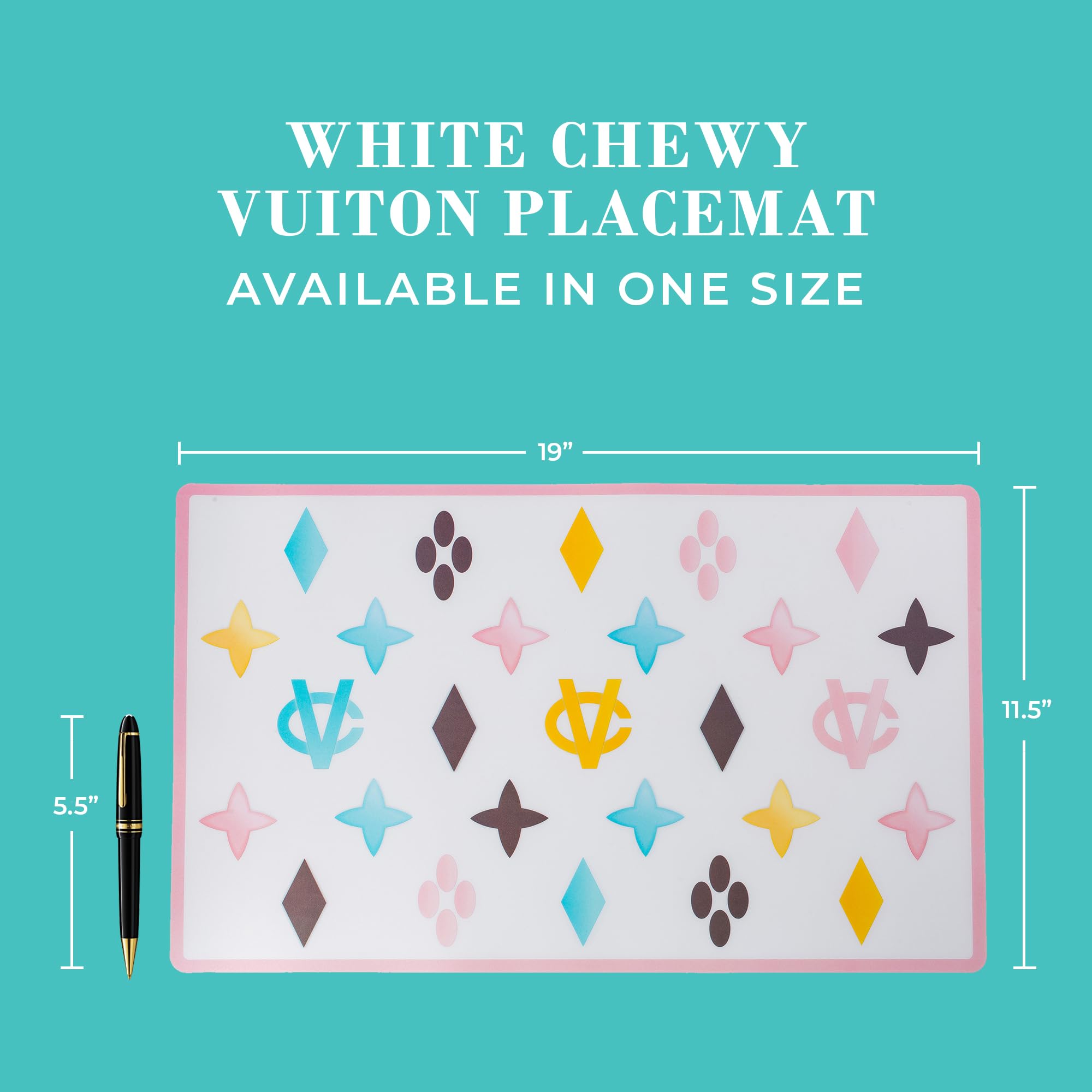 Haute Diggity Dog Chewy Vuiton placemat top-down view showcasing organized dining and easy cleanup